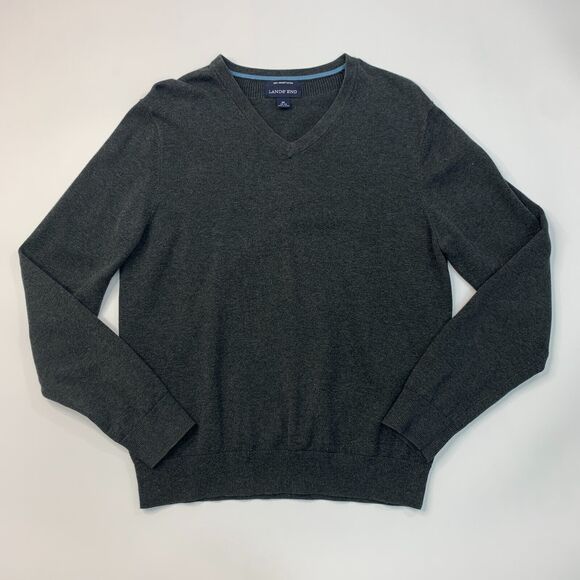 Lands End Sweater Mens M Medium Gray Pima Cotton V Neck Ribbed Trim Pullover - Picture 2 of 12